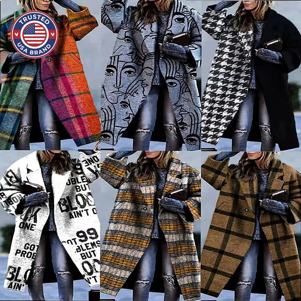 Women's printed wool blend winter long coat