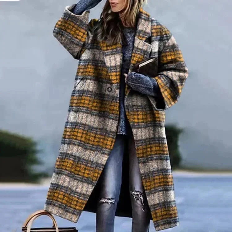 Women's printed wool blend winter long coat in Beige Colorblock