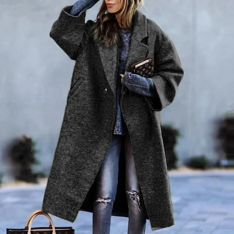 Women's printed wool blend winter long coat in Black