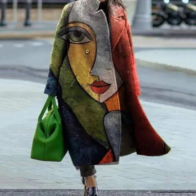 Women's printed wool blend winter long coat in Brown Abstract