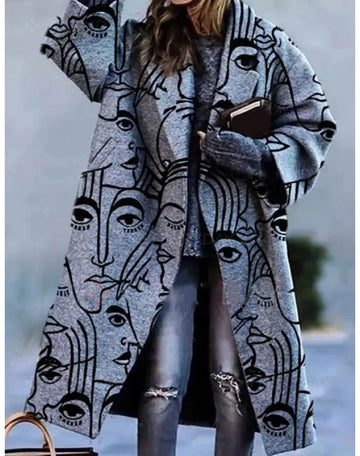 Women's printed wool blend winter long coat in Gray Abstract