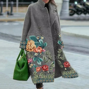 Women's printed wool blend winter long coat in Gray Print