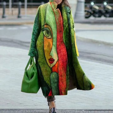 Women's printed wool blend winter long coat in Green Abstract