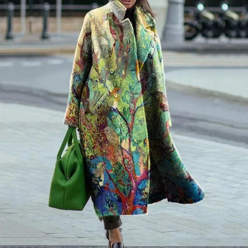 Women's printed wool blend winter long coat in Green Floral