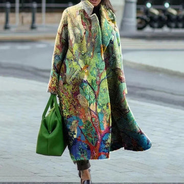 Women's printed wool blend winter long coat in Green Floral