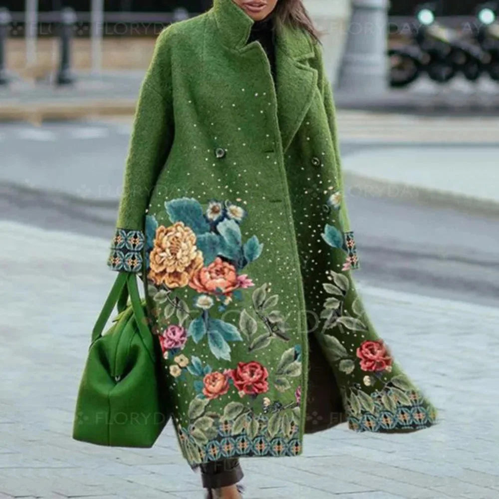 Women's printed wool blend winter long coat in Green Print
