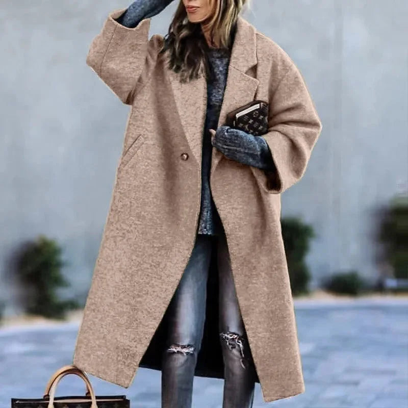 Women's printed wool blend winter long coat in Khaki