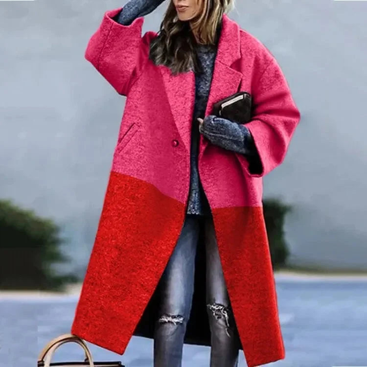 Women's printed wool blend winter long coat in Red Colorblock