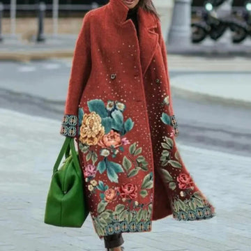 Women's printed wool blend winter long coat in Red Print