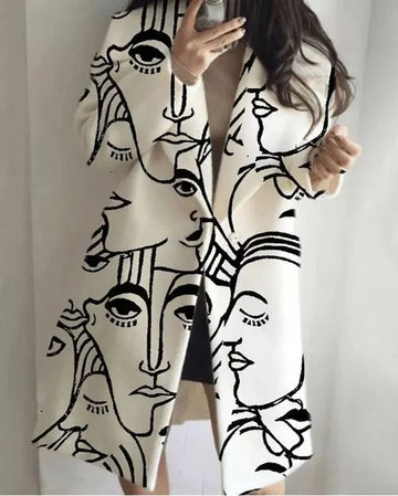 Women's printed wool blend winter long coat in White Abstract