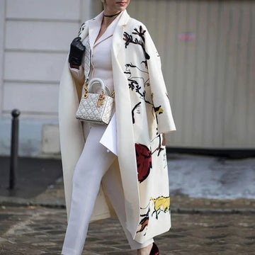 Women's printed wool blend winter long coat in White Print