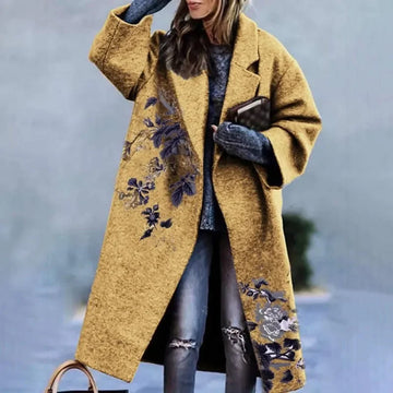 Women's printed wool blend winter long coat in Yellow Print