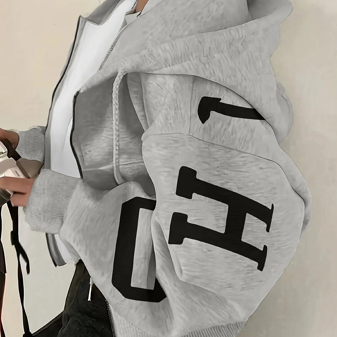 Women's comfy printed zip-up winter hoodie in Ash