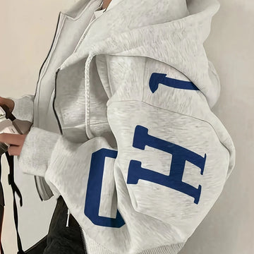 Women's comfy printed zip-up winter hoodie in Light mixed grey