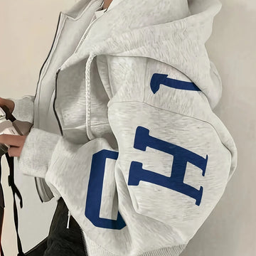 Women's comfy printed zip-up winter hoodie in Light mixed grey