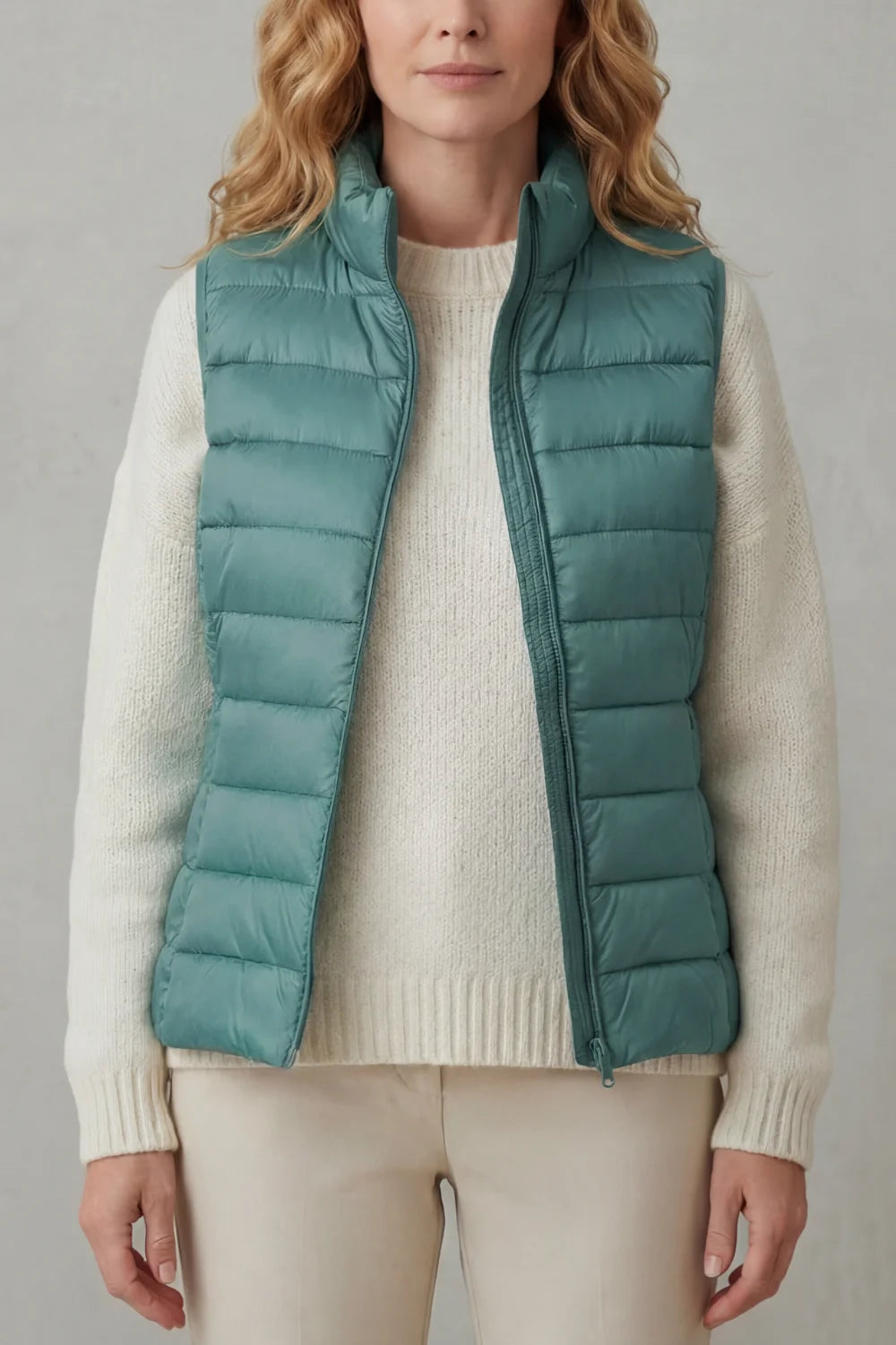 Women's puffer jacket style lightweight layering winter vest in Green
