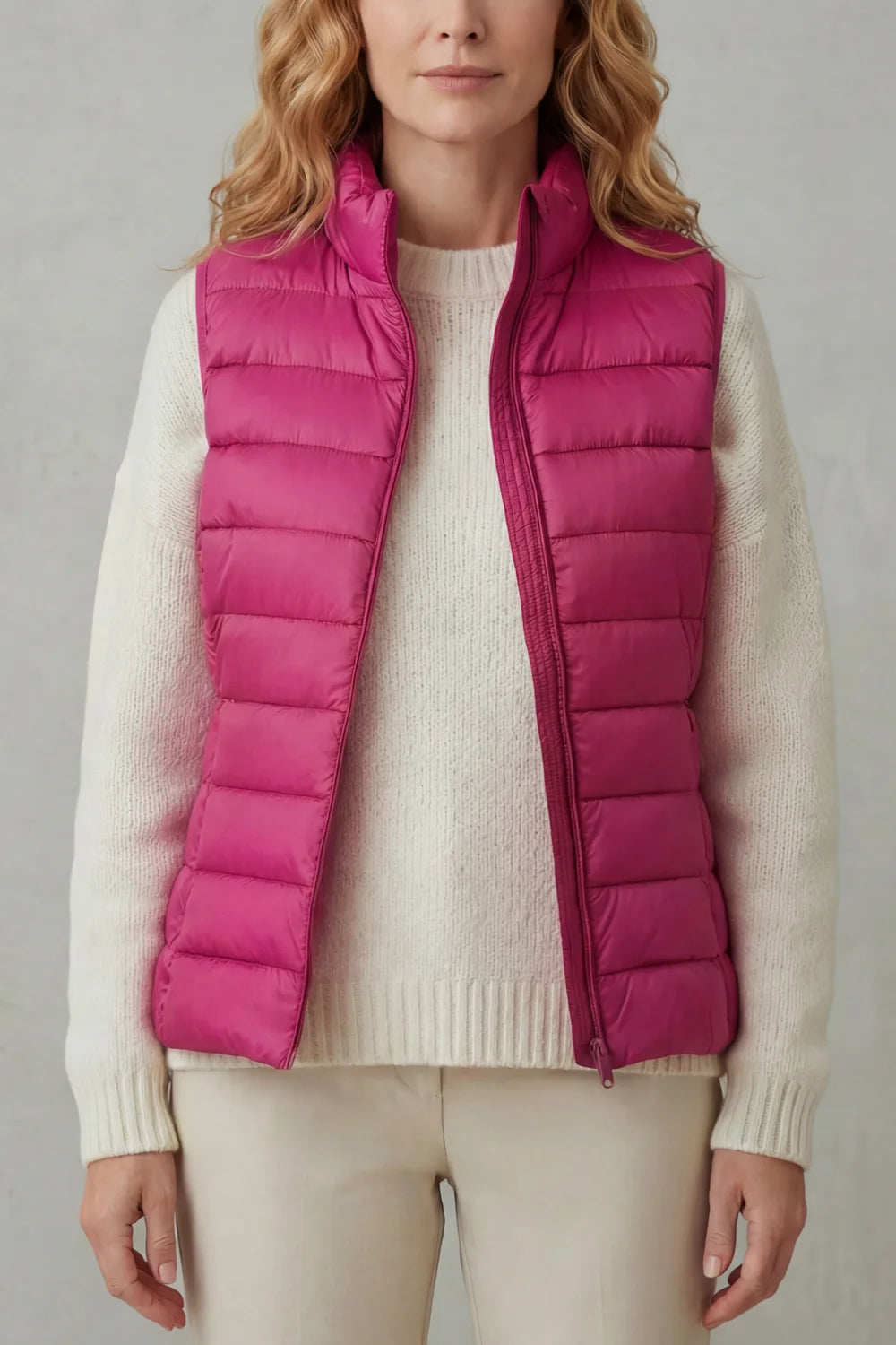 Women's puffer jacket style lightweight layering winter vest in Hot Pink