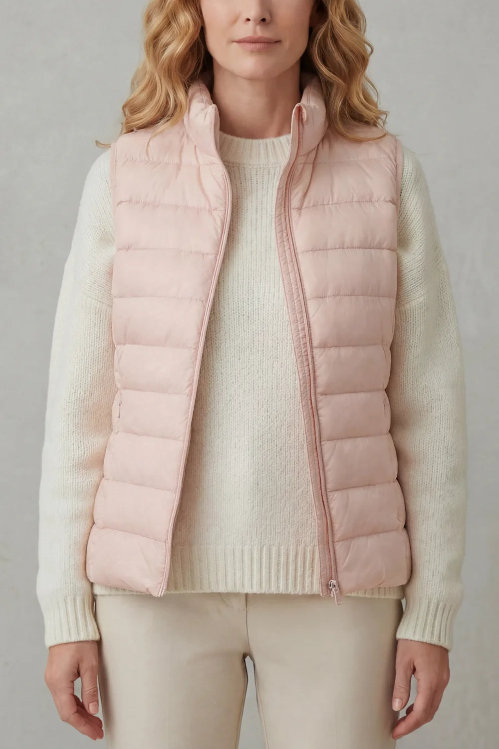 Women's puffer jacket style lightweight layering winter vest in Pale Pink