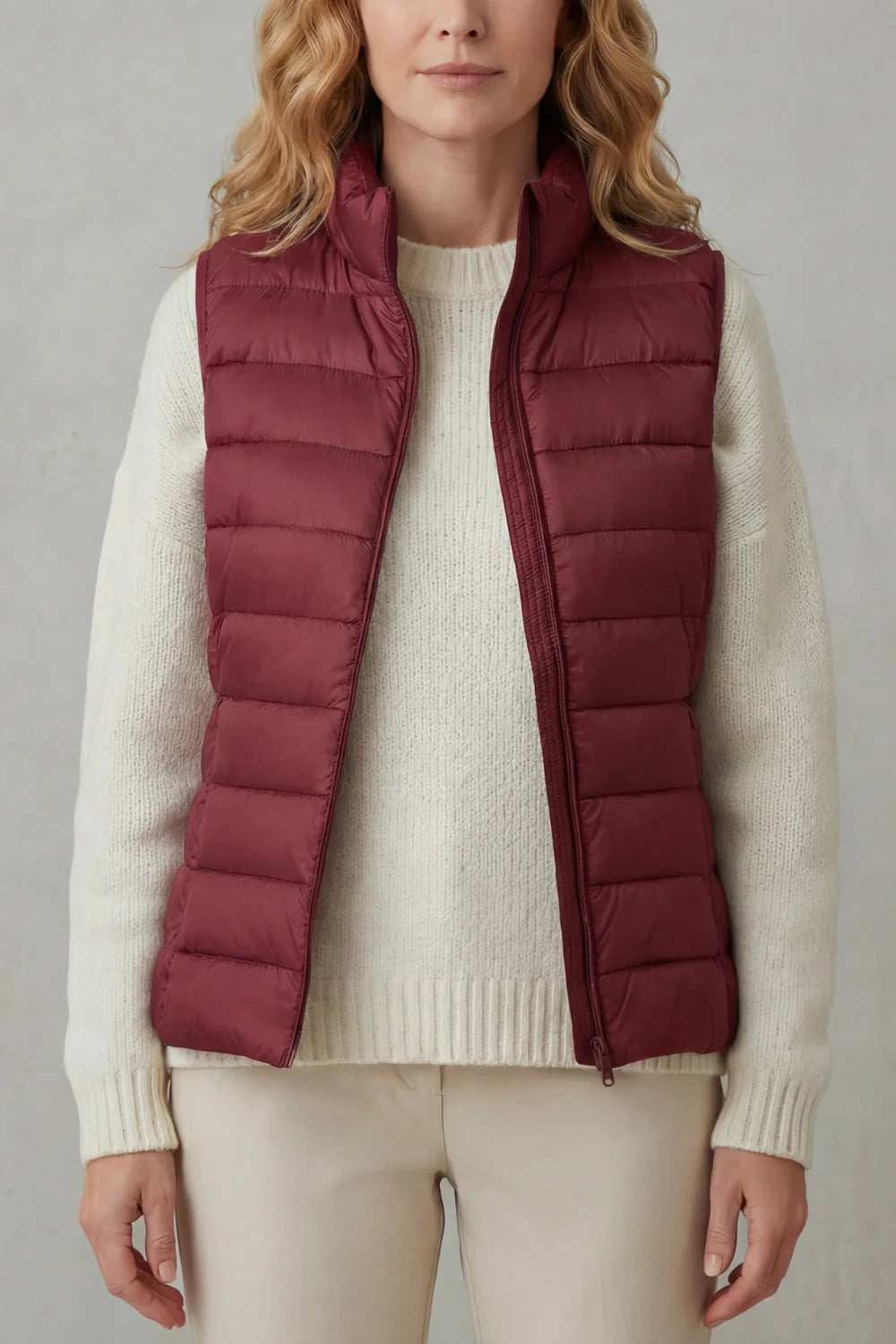Women's puffer jacket style lightweight layering winter vest in Wine Red
