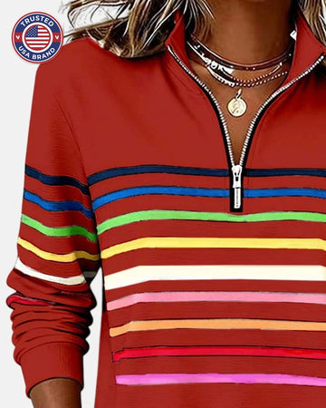 Women's Quarter Zip Sweatshirt Striped Long Sleeve Pullover - Gray