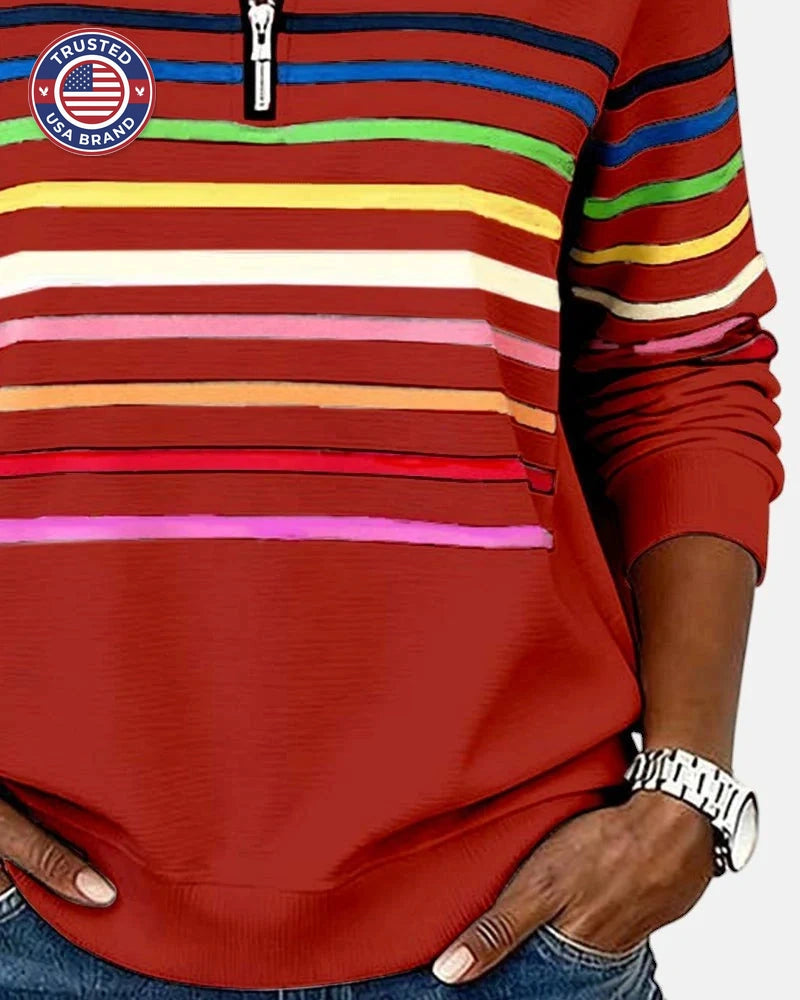 Women's Quarter Zip Sweatshirt Striped Long Sleeve Pullover - Gray