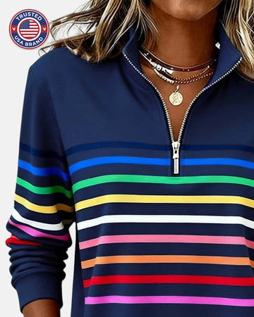 Women's Quarter Zip Sweatshirt Striped Long Sleeve Pullover - Gray