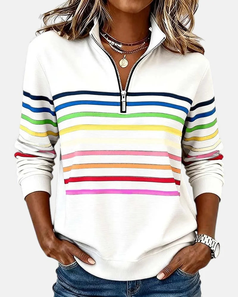 Women's Quarter Zip Sweatshirt Striped Long Sleeve Pullover - Gray