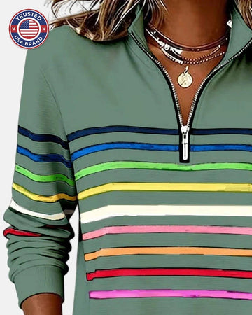 Women's Quarter Zip Sweatshirt Striped Long Sleeve Pullover - Gray