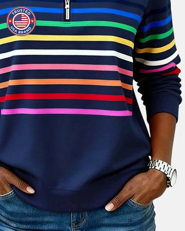 Women's Quarter Zip Sweatshirt Striped Long Sleeve Pullover - Gray