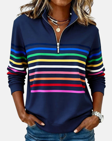 Women's Quarter Zip Sweatshirt Striped Long Sleeve Pullover - Gray