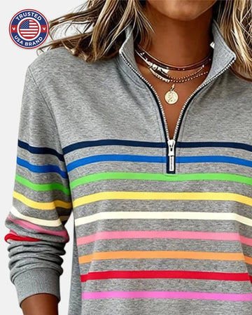 Women's Quarter Zip Sweatshirt Striped Long Sleeve Pullover - Gray