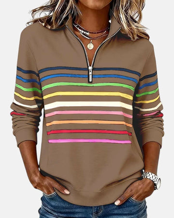 Women's Quarter Zip Sweatshirt Striped Long Sleeve Pullover - Gray