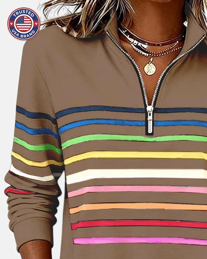 Women's Quarter Zip Sweatshirt Striped Long Sleeve Pullover - Gray