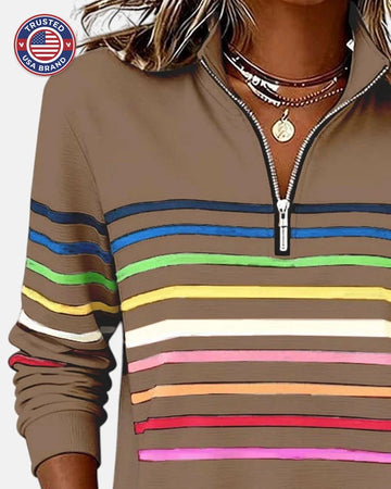 Women's Quarter Zip Sweatshirt Striped Long Sleeve Pullover - Gray