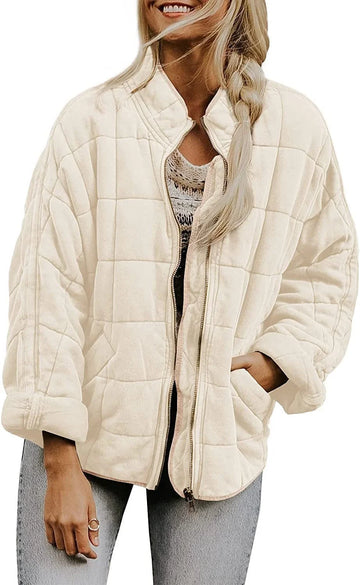 Women's quilted winter bomber jacket with stand collar and zip front in Beige