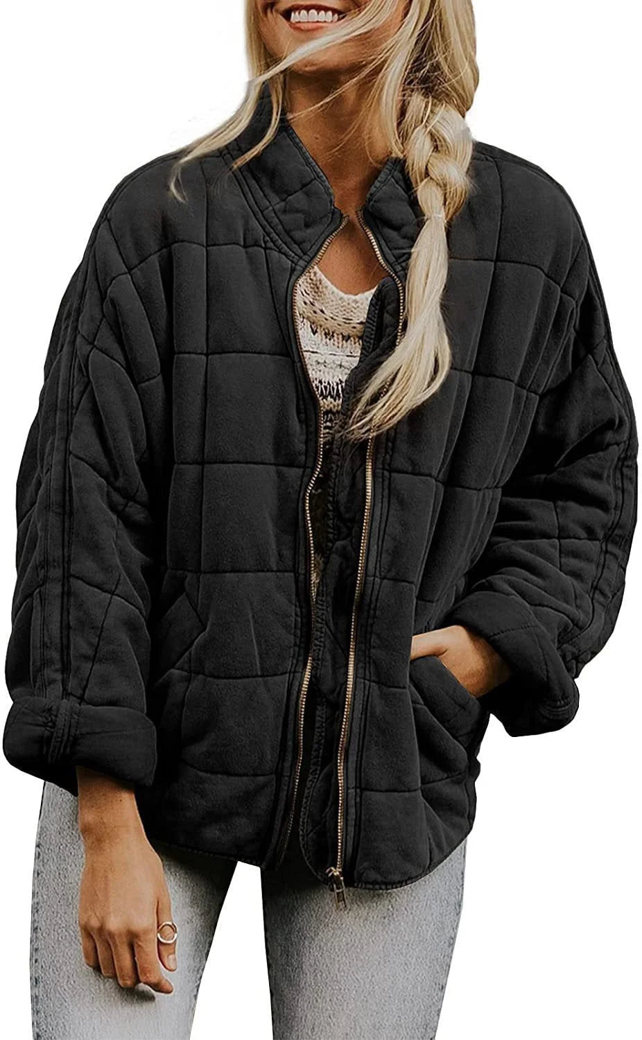 Women's quilted winter bomber jacket with stand collar and zip front in Black