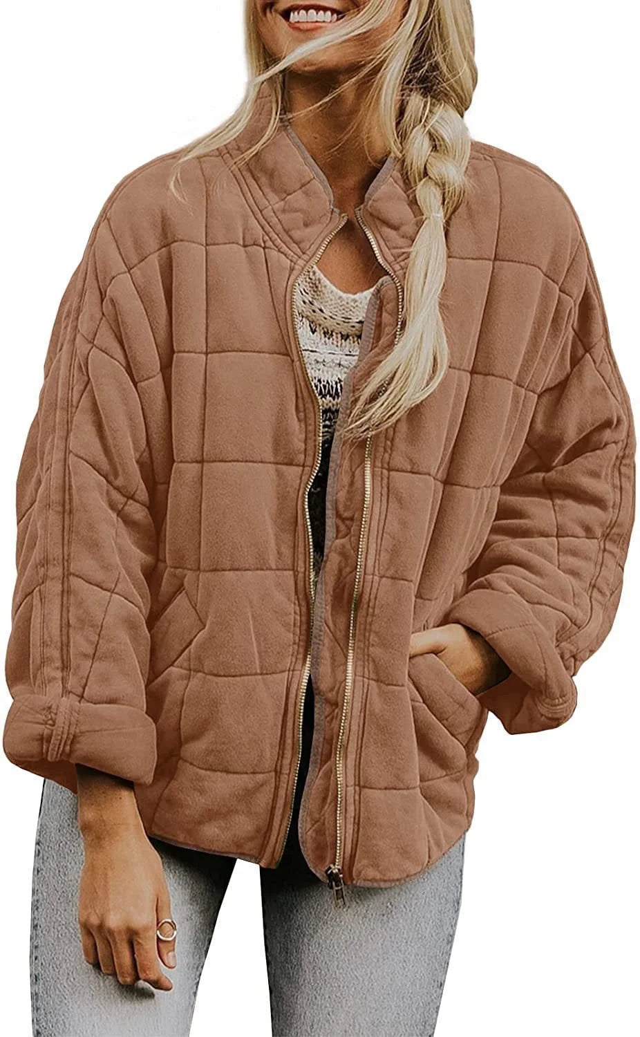 Women's quilted winter bomber jacket with stand collar and zip front in Dark Carmine
