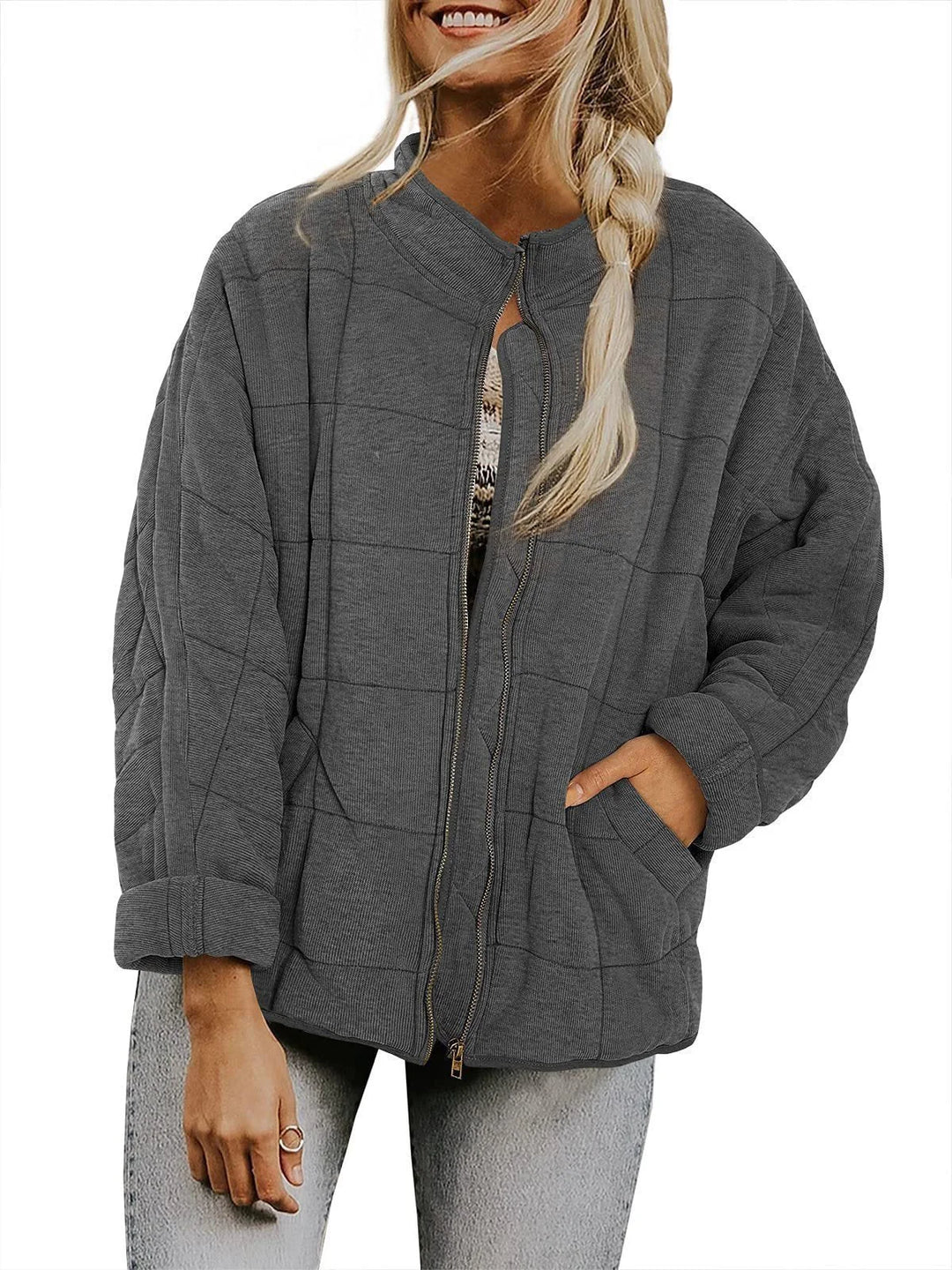 Women's quilted winter bomber jacket with stand collar and zip front in Dark Grey