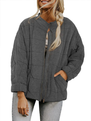 Women's quilted winter bomber jacket with stand collar and zip front in Dark Grey