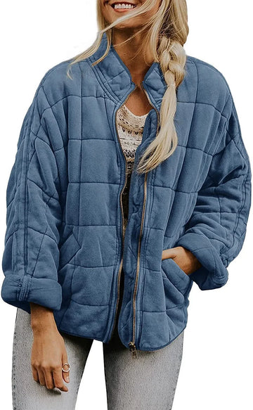 Women's quilted winter bomber jacket with stand collar and zip front in Grey Blue
