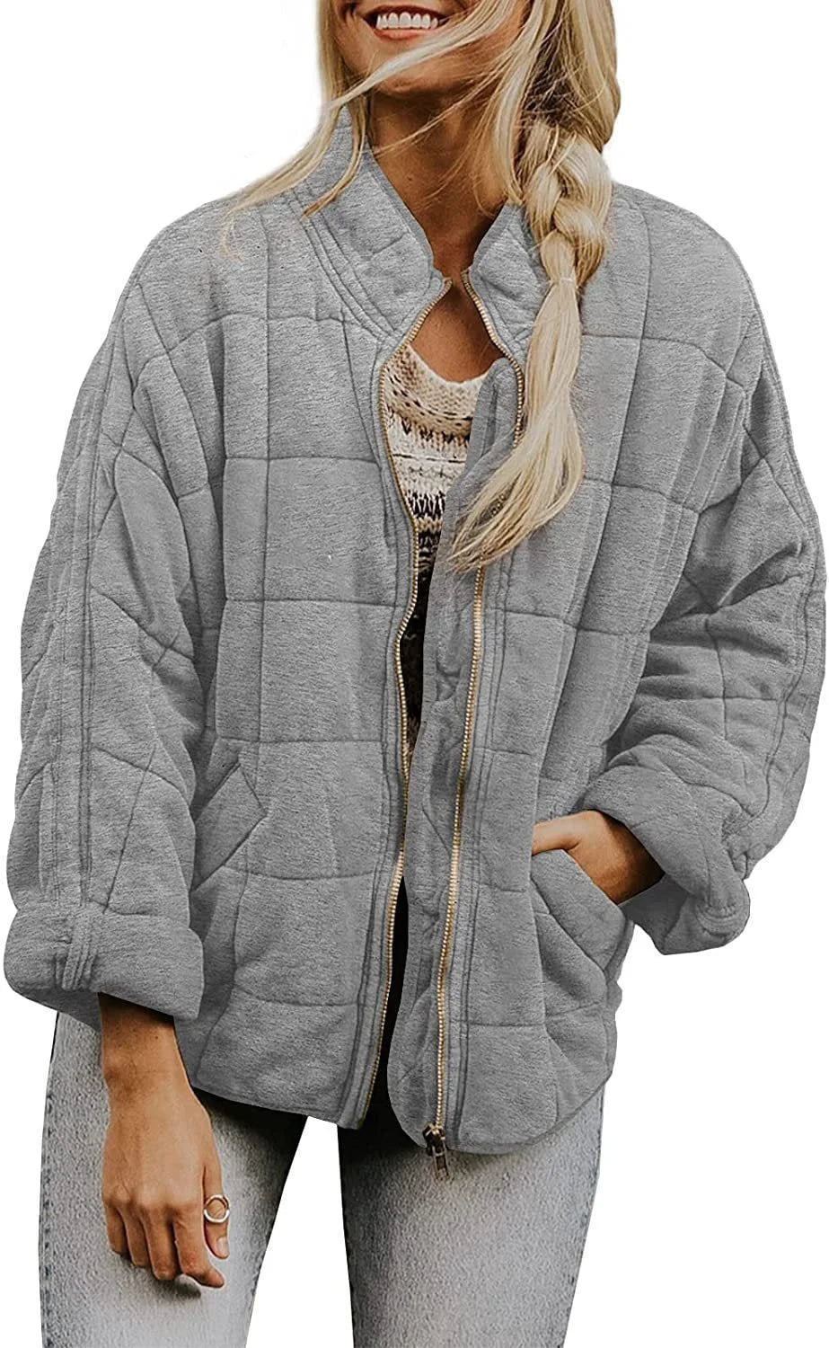 Women's quilted winter bomber jacket with stand collar and zip front in Light Grey