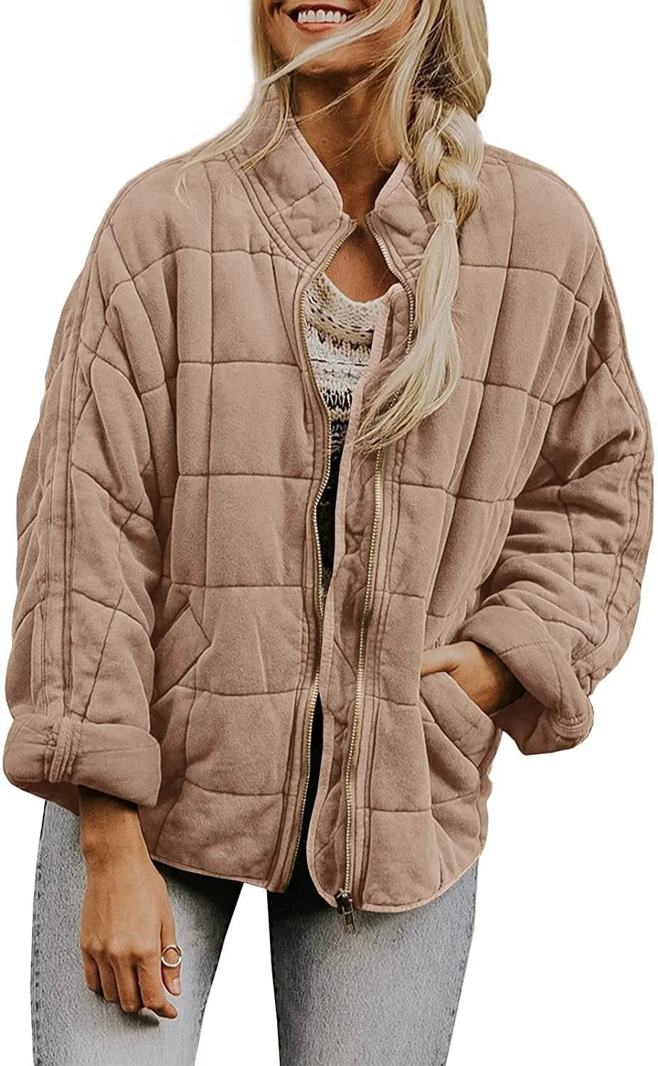 Women's quilted winter bomber jacket with stand collar and zip front in Light Khaki
