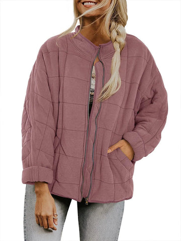 Women's quilted winter bomber jacket with stand collar and zip front in Lotus Pink