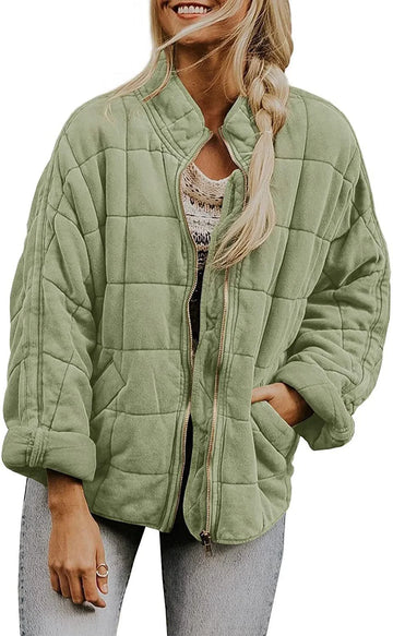 Women's quilted winter bomber jacket with stand collar and zip front in Mint Green