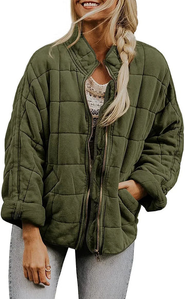 Women's quilted winter bomber jacket with stand collar and zip front in Olive Green