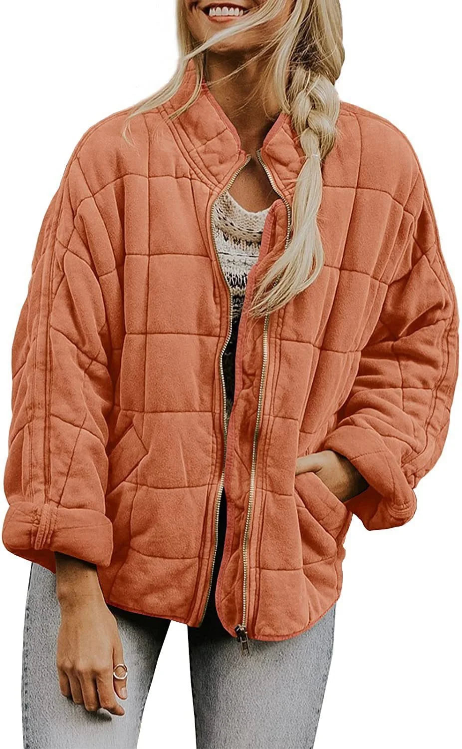 Women's quilted winter bomber jacket with stand collar and zip front in Orange