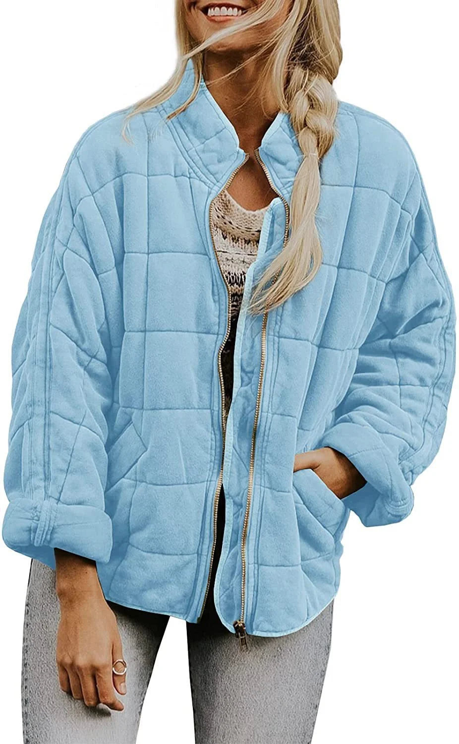 Women's quilted winter bomber jacket with stand collar and zip front in Sky Blue