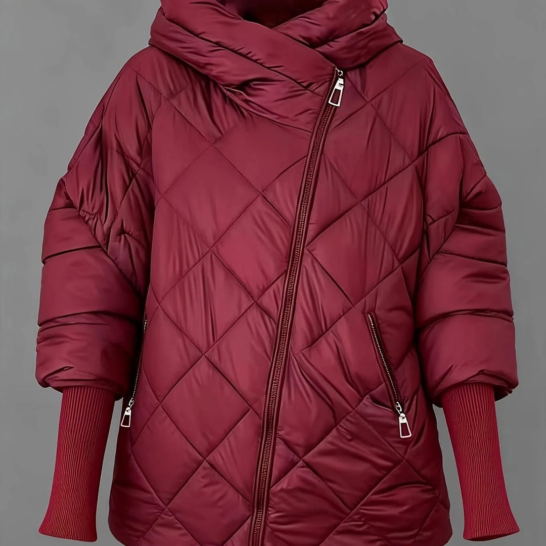 Women's quilted hooded winter puffer jacket in Burgundy