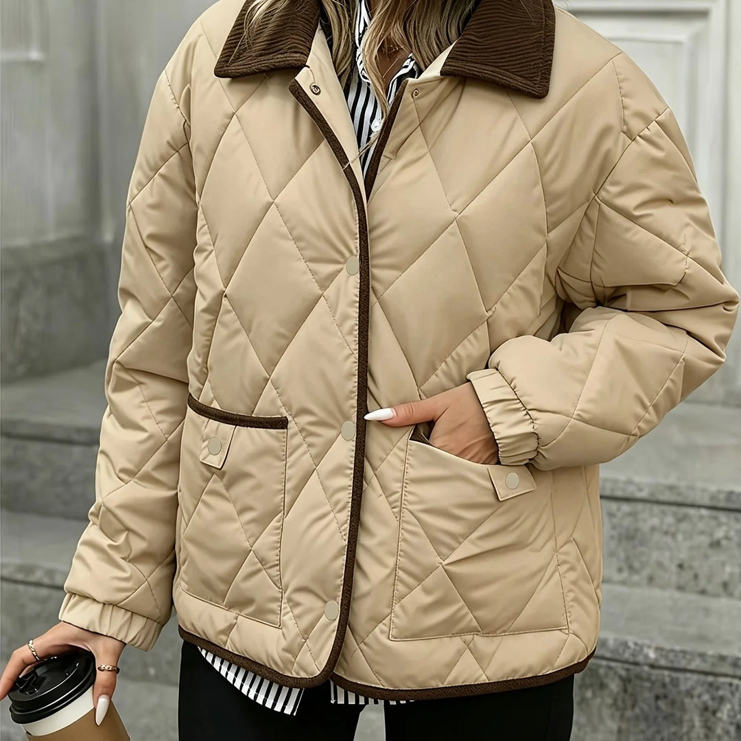 Women's quilted winter puffer jacket with snap button closure in Beige