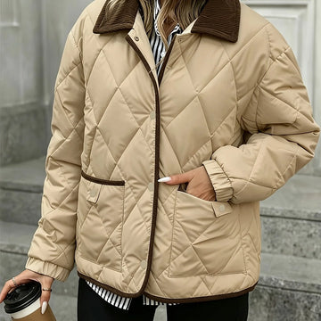 Women's quilted winter puffer jacket with snap button closure in Beige
